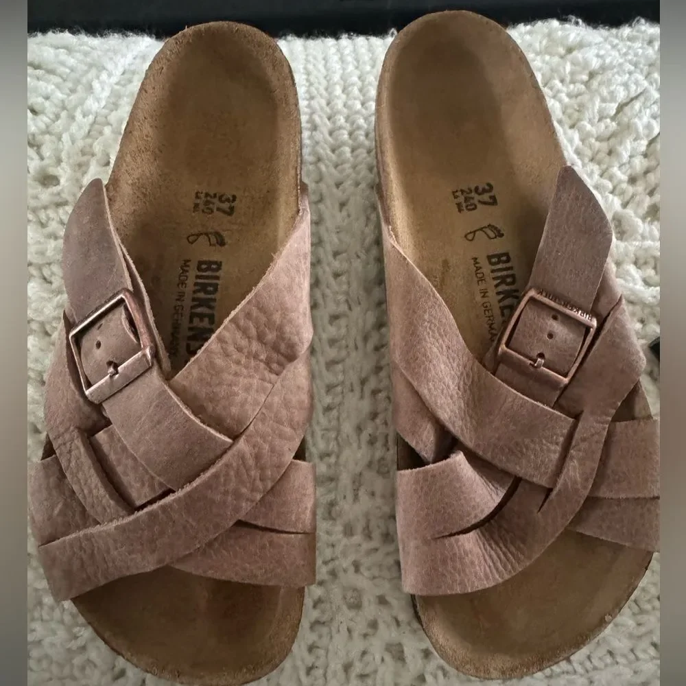 NEW Birkenstock Lugano Sz L6 Faded Khaki Oiled Leather Cross Strap Sandals